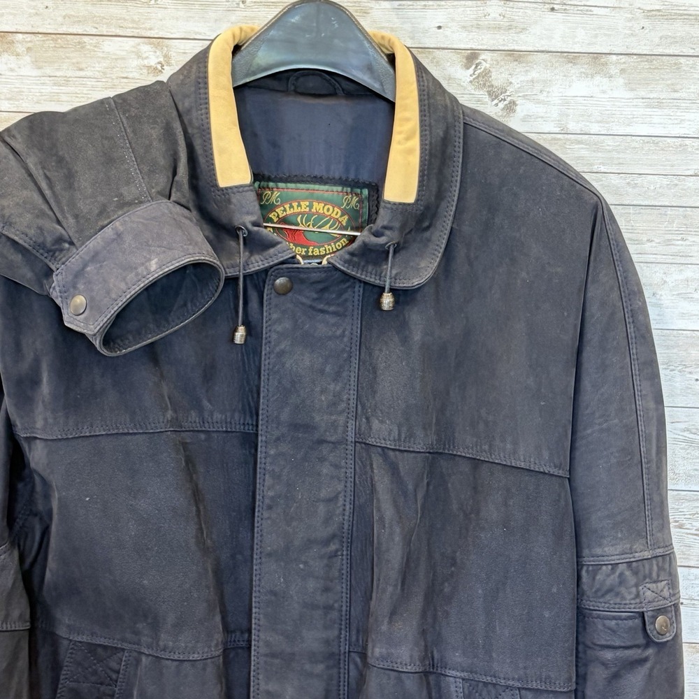 Vintage Pelle Moda Mens 52 (L-XL) Jacket Suede Leather Navy Blue Made in Italy